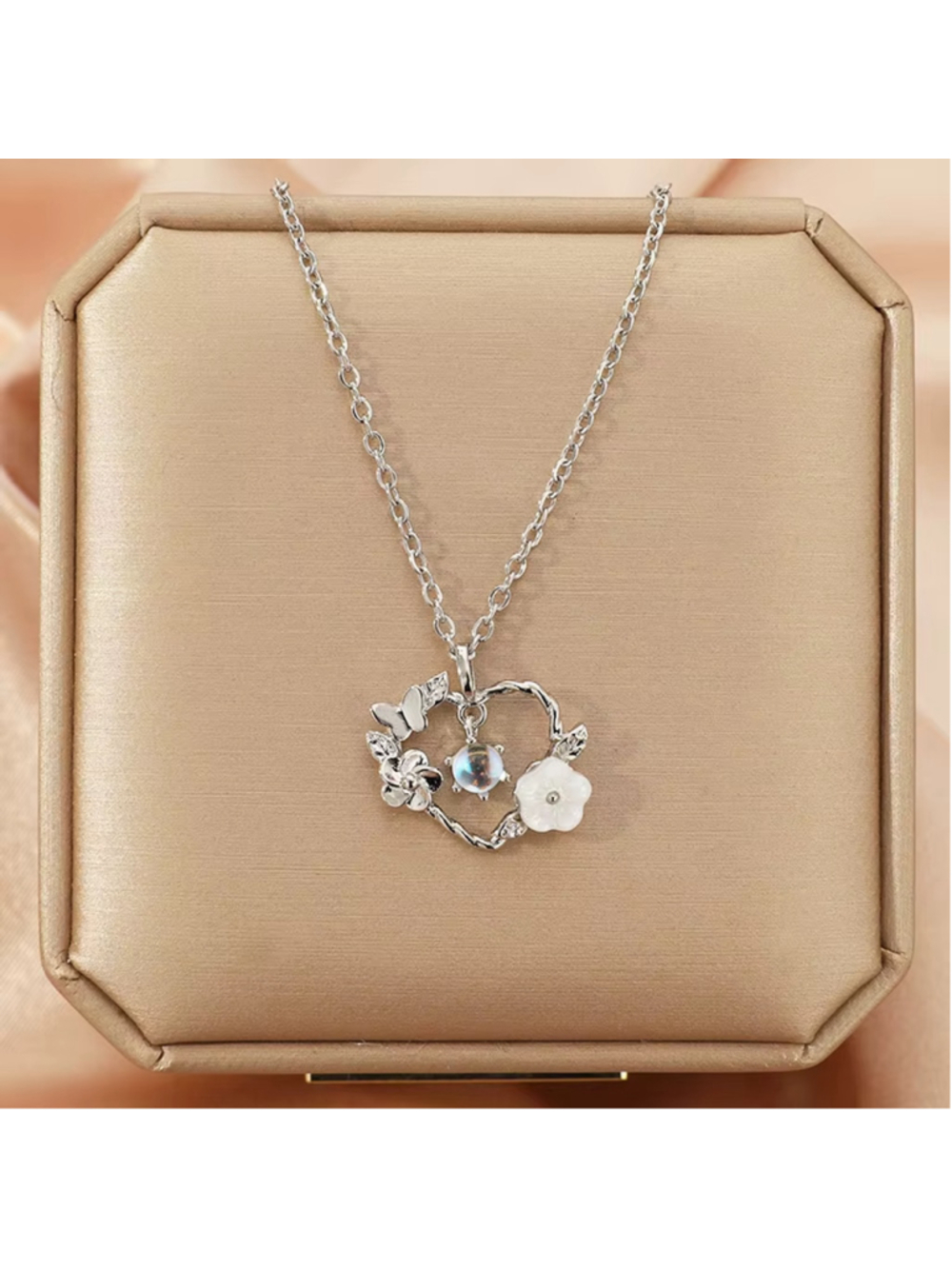 Silver Colored Heart and Butterfly Pendant Necklace with Flowers NWT